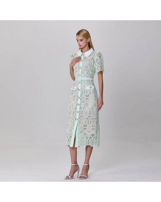 Smart and Joy White Neutrals Sheer Full Lace Button Line Dress