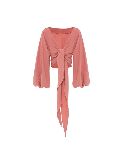 Azzali Red Long And Puffy Sleeves Top With Low Bow-Rose Tan