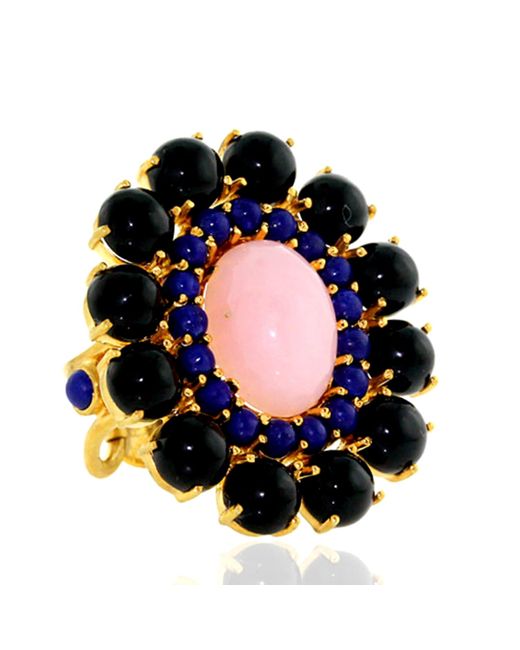 Artisan Black Oval Cut Opal & Lapis With Onyx Gemstone In 18k Yellow Cocktail Ring