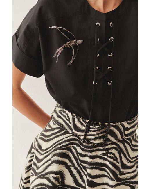 Exquise Black Celeste Blouse Embellished Lace-Up Cotton Blouse