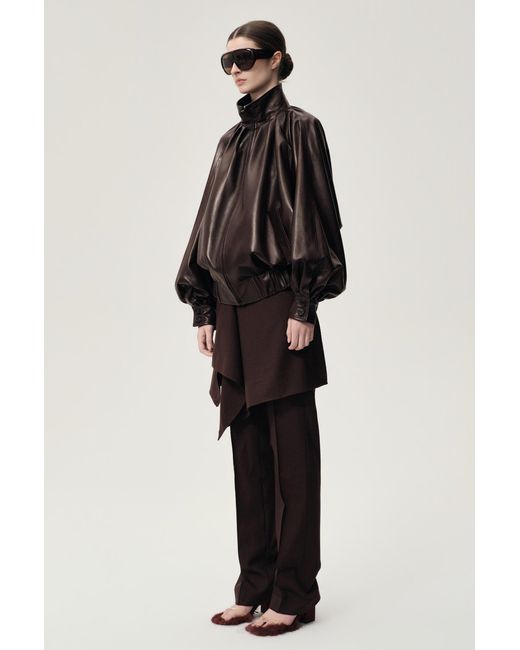 FRONT ROW SHOP Black Soft Pleated Balloon Leather Jakcet Dark