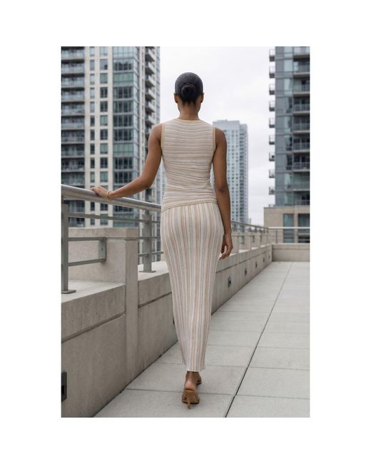 Modenaire Natural Striped Ribbed Knit Set With Fitted Tank And Midi Skirt