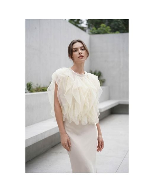 Modenaire Natural Sheer Tulle Blouse Featuring Cascading Ruffles