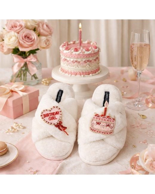 Laines London Pink Neutrals Classic Laines Slippers With Birthday Girl Brooches