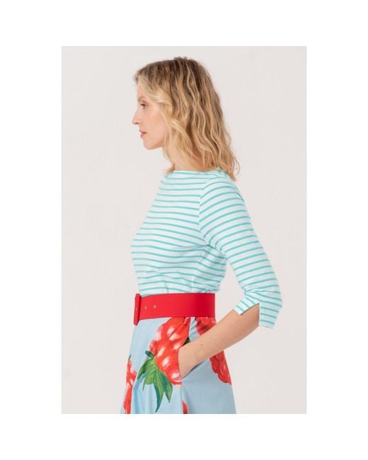 Marianna Déri Blue Top With Boat Neckline Mint Cream Striped