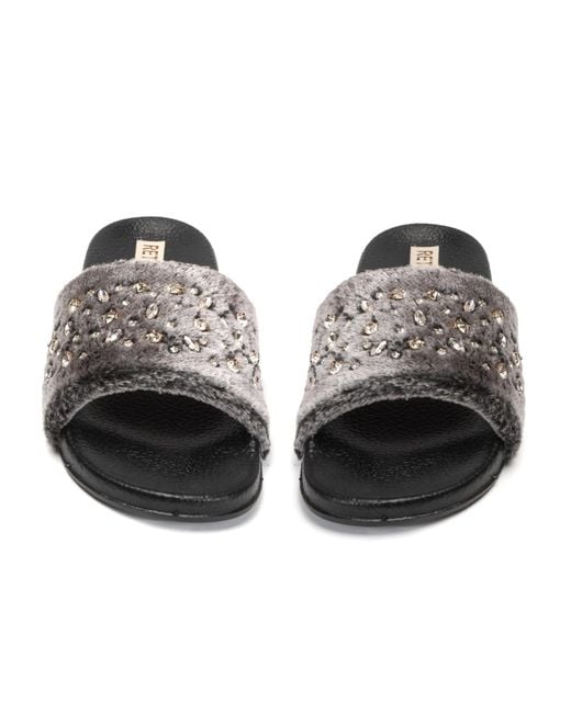 Rettrose Black Sienna Luxury Plush Diamanté Embellished Handmade Sliders