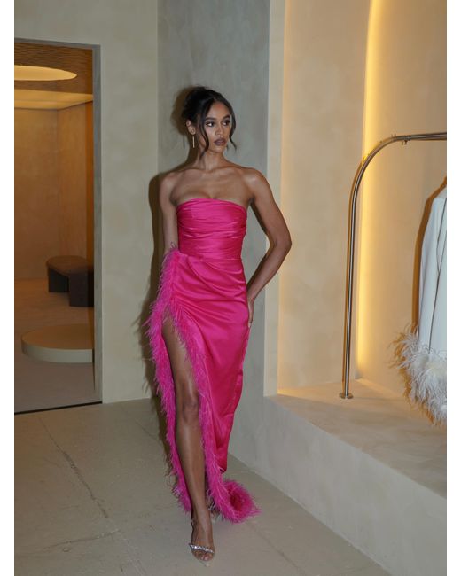 Miss Circle New York Pink Perrin Fuchsia Feather Dress High Slit Gown