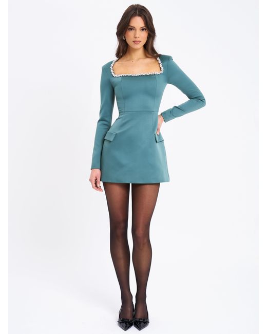 Miss Circle New York Blue Gabella Dark Long Sleeve A-Line Mini Dress With Crystal Trim