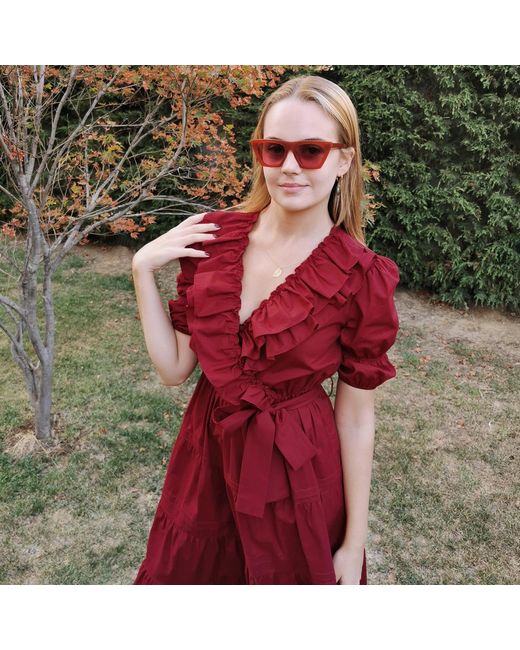 Lalipop Design Dark Cherry Red Double-breasted V-neck Cotton Dress With Ruffles