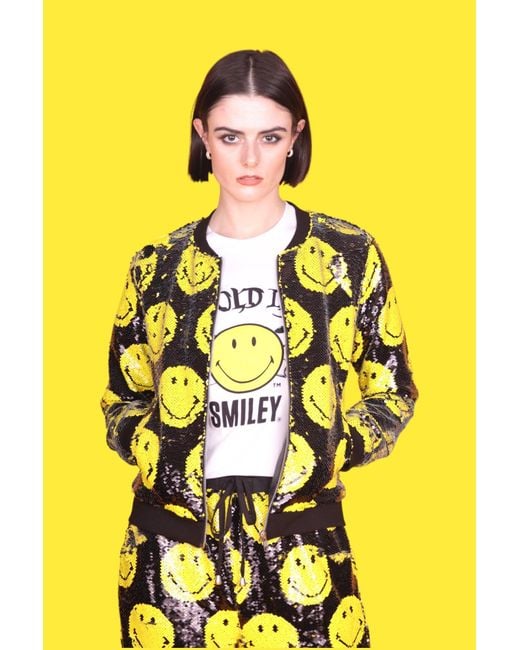 Any Old Iron Yellow Smiley Reversible Sequin Bomber Jacket