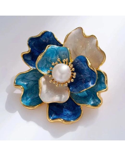 Angel Barocco Blue Enamel Peony Freshwater Pearl Brooch