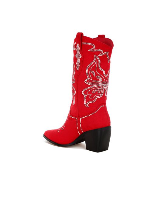 Rag & Co Red Latafa Rhinestones Embellished Cowboy Boots