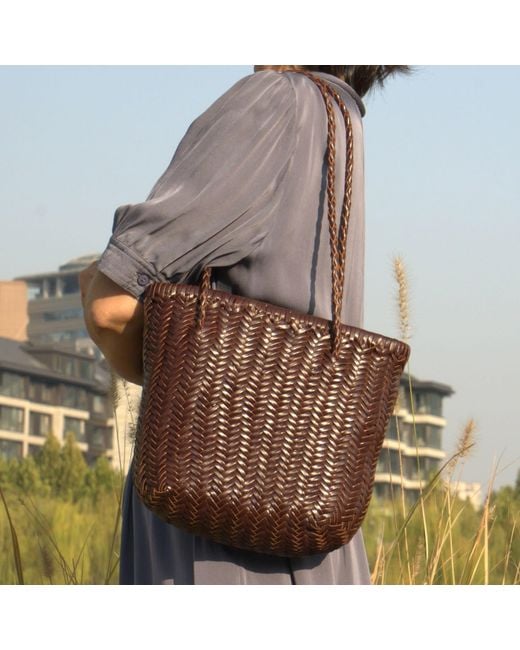 Rimini Brown Zigzag Woven Leather Handbag 'Bianca'