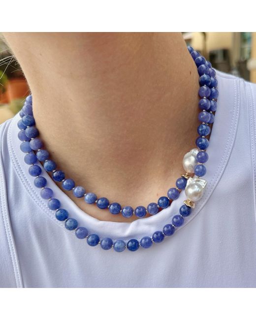 Farra Blue Jade With Baroque Pearls Double Layers Necklace