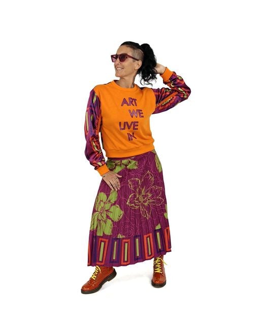 Lalipop Design Orange Color Block Sweatshirt With Satin Puff Sleeves