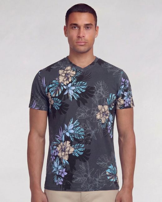 Lords of Harlech Blue Maze Exotic Floral Vneck Tee for men