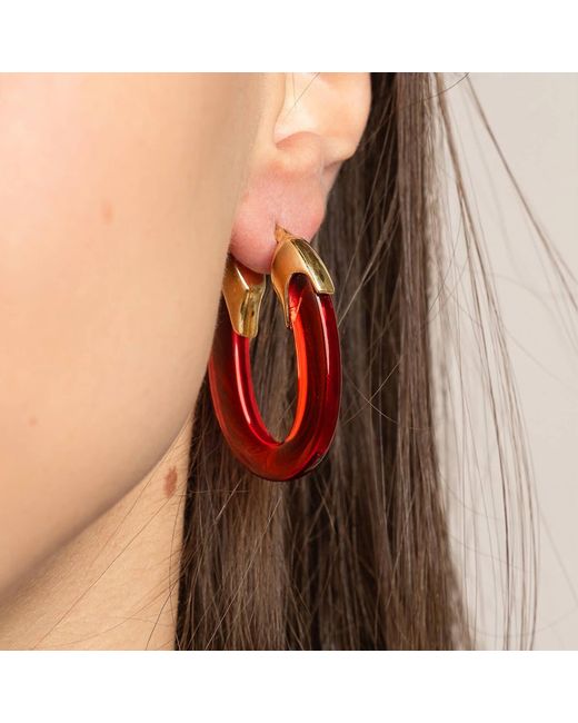 Gold & Honey Red Ruby Carved Oval Lucite Birthstone Hoop Earrings