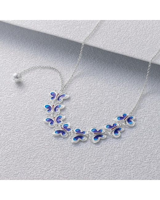 Far East Jewelry Blue Handmade Orchid Butterfly Necklace & Enamel