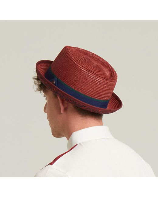 Dasmarca Hats Red Dasmarca Tommy Burgundy Summer Straw Porkpie Hat With Vintage Geometric Prints for men