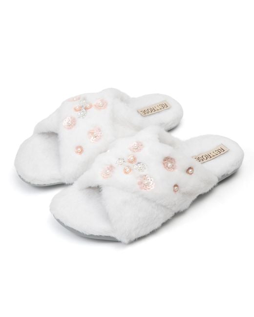 Rettrose White Kinsley Luxury Plush Diamanté Embellished Handmade Slipper