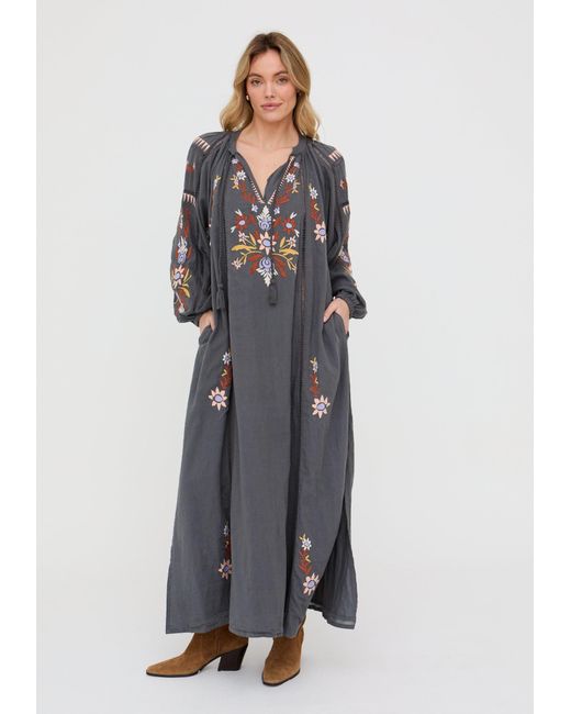 Raffya Gray Elisa Kaftan Style Embroidered Maxi Dress