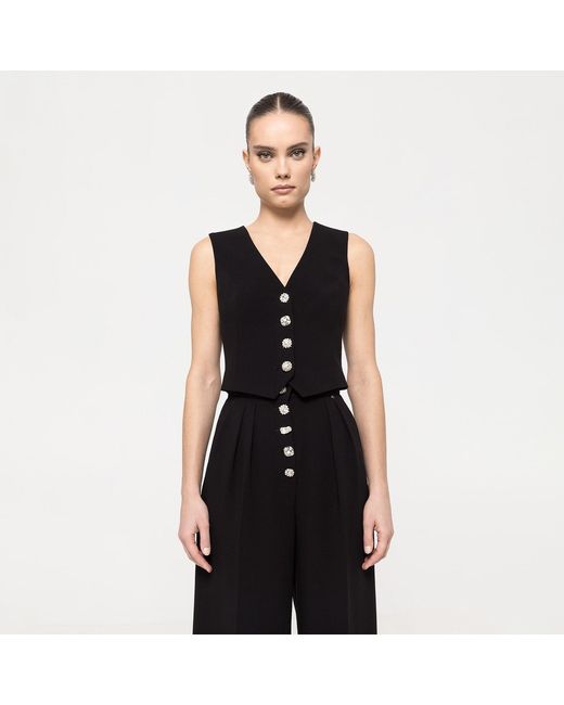 Nissa Black Embellished-Button Wide-Leg Pants