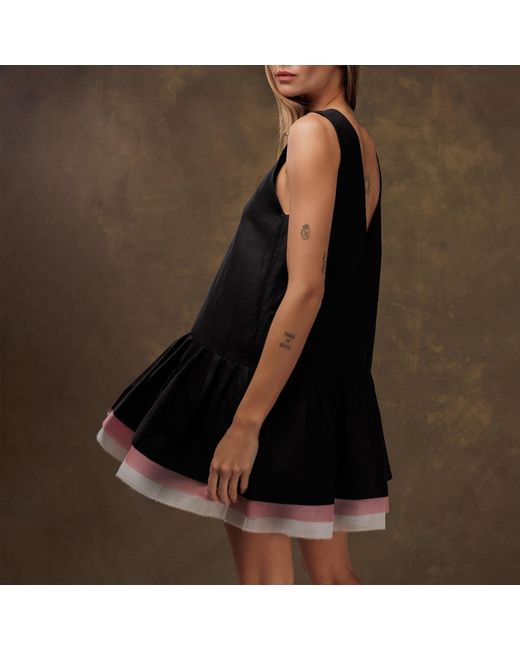 Langner Black Little Dress Open Back Flared Mini Silk & Linen