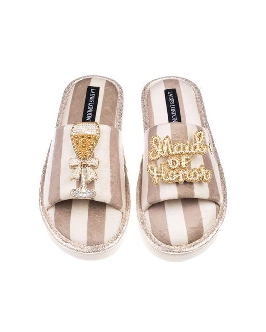 Laines London Multicolor Neutrals Flatform Stripe Open Toe Slippers With Maid Of Honor Brooches