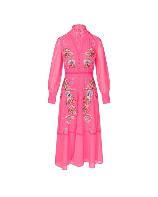 Hope and Ivy Pink The Annika Embroidered Button Front Tea Dress With Floral Beading And Detachable Collar