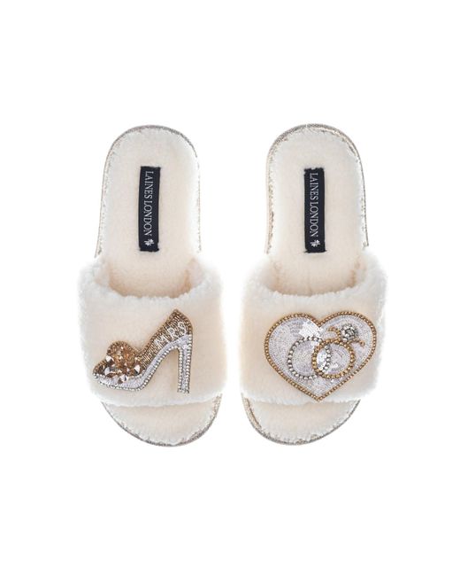 Laines London White Teddy Towelling Slipper Sliders With Mrs Heel & Wedding Rings Brooches