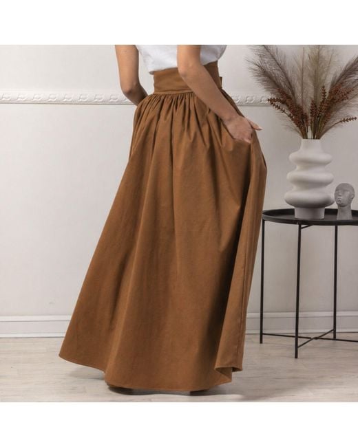 Nikka Place Brown Long Pleated High Waisted Skirt With Bow And Pockets