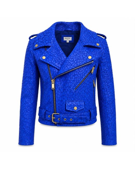 Zasta Studio Blue Cracked Horizon Leather Crop Biker Jacket