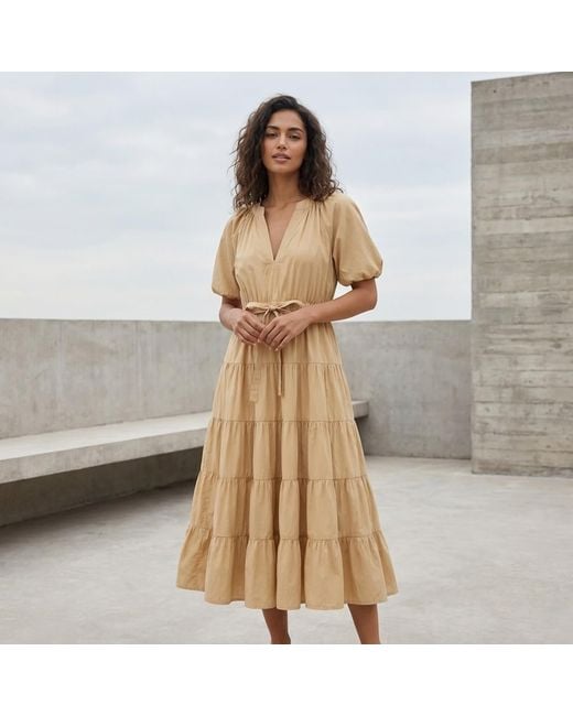 Modenaire Natural Tiered Midi Dress Fluid A-Line Form
