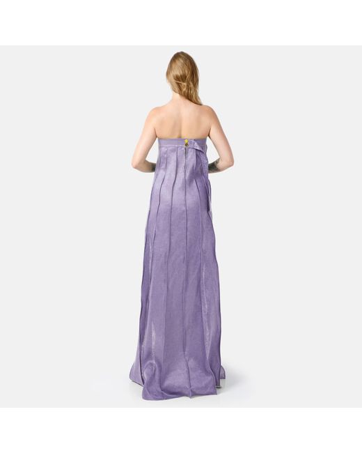 Kargede Purple Lilac Linen Maxi Dress – Designer Strapless Gown With Pleated Detail