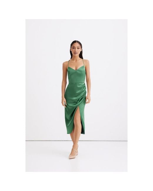 Nomi Fame Green Selena Satin Midi Dress With Straps And Draped Skirt