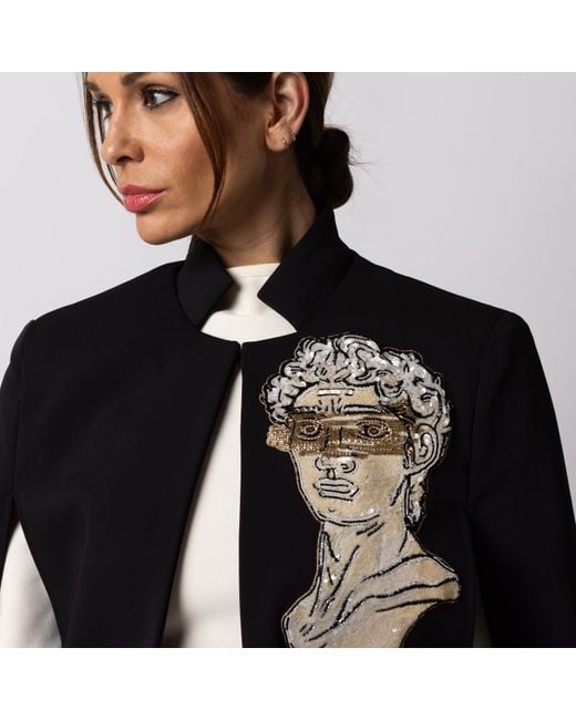 House of Laines London Black Laines Couture Tailored Cape With Embellished Greek God