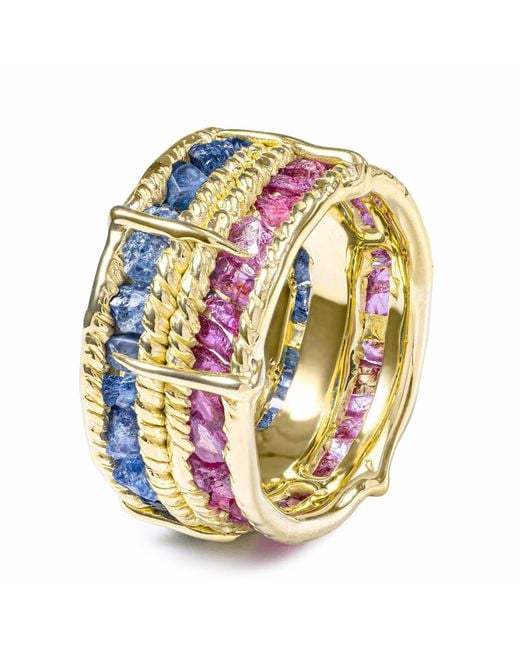 German Kabirski Metallic Tyra Handcrafted Plated Barrel Ring With Raw Sapphire And Ruby