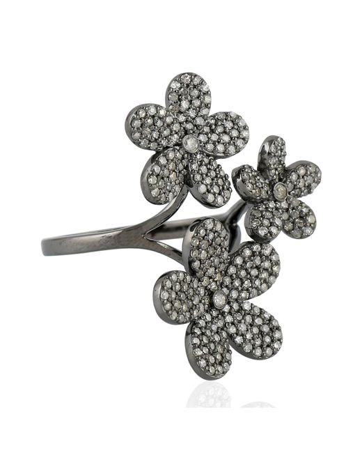 Artisan Gray Natural Diamond Pave Daisy Flower Shape Ring In 925 Sterling Silver Jewelry