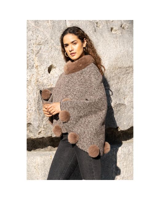 Saachi Brown Faux Fur Burly Wood Poncho Pom Pom