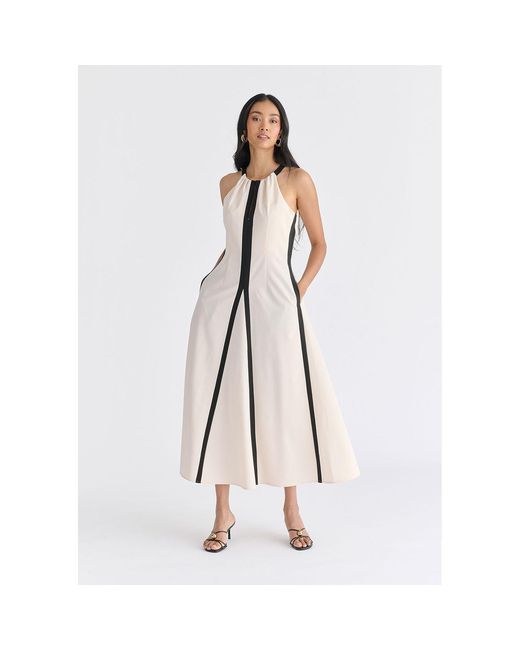 Paisie Natural Neutrals Contrast Details Halterneck Midi Dress