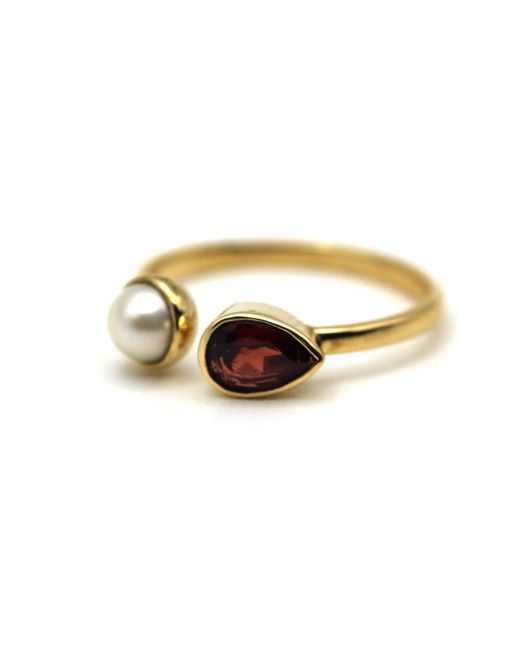 VicStoneNYC Fine Jewelry Metallic Garnet And Pearl Open Cuff Ring
