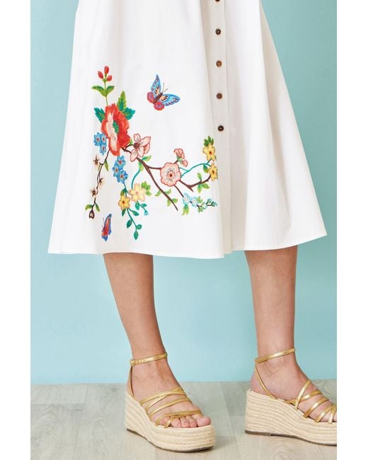 Yumi' White Cotton Midi Dress With Embroidery
