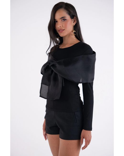 Amy Lynn Black Helena Long Sleeve Top With Organza Bow Detail
