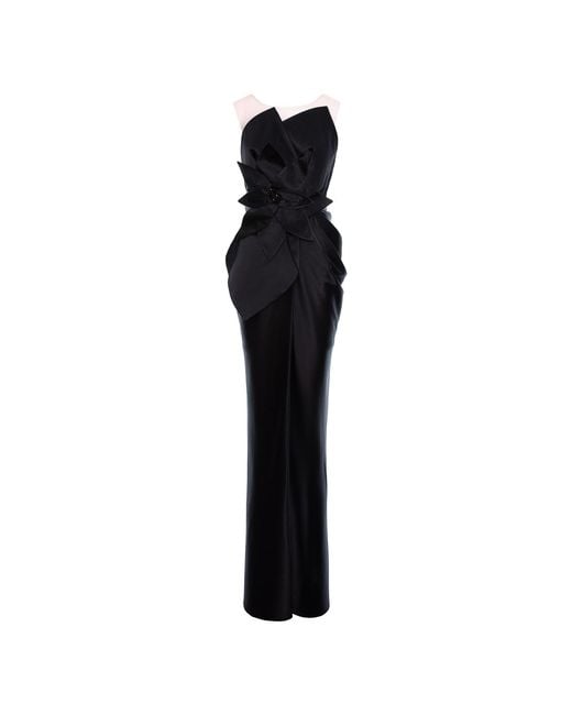 Acob a Porter Black Victoria Satin Dress With Oversized Flower Applique