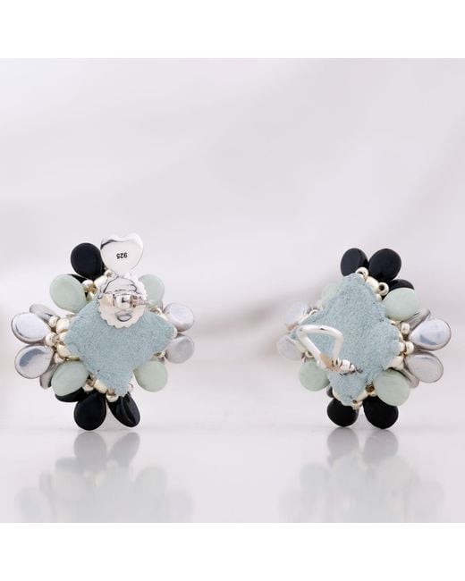 Oana Savu Black Ear Studs Beaded Flowers Earrings