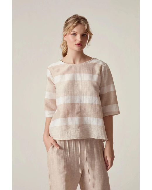 James Lakeland White Neutrals Striped Linen Blend Button-Back Top
