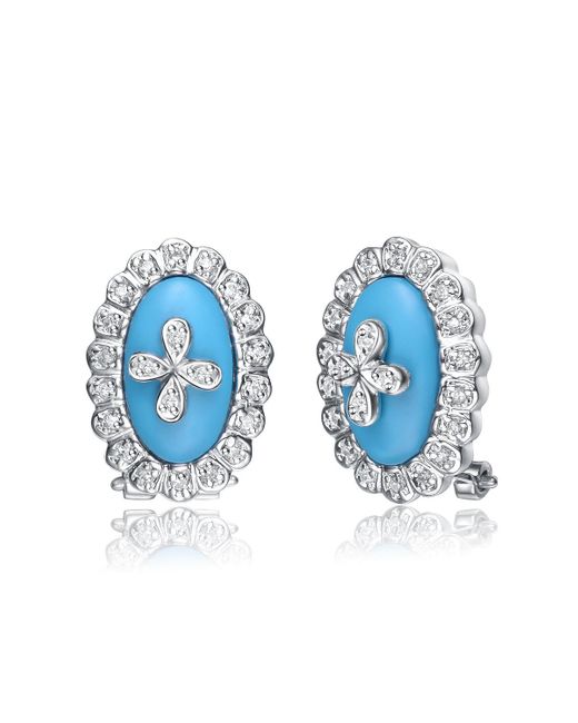 Genevive Jewelry Blue Cubic Zirconia Sterling Silver White Gold Plated Turquise Oval Shape Omega Earrings