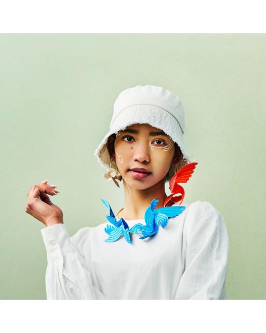 Nana Watanabe Blue Joy Bird Wing Sculptural Embroidered Statement Necklace