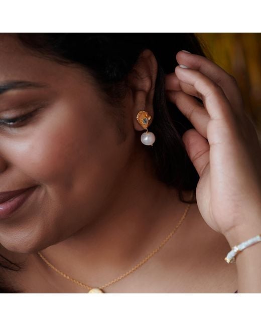 Janus Edinburgh Metallic Irregular Organic Toul Vermeil Topaz Pearl Drop Earrings