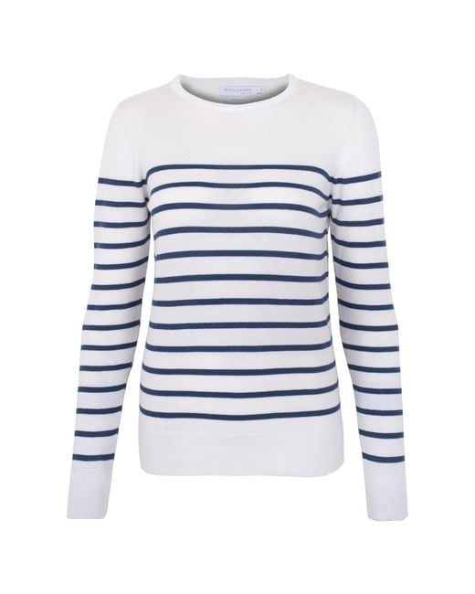 Paul James Knitwear Blue Ultra Fine Cotton Tavia Breton Crew Neck Jumper
